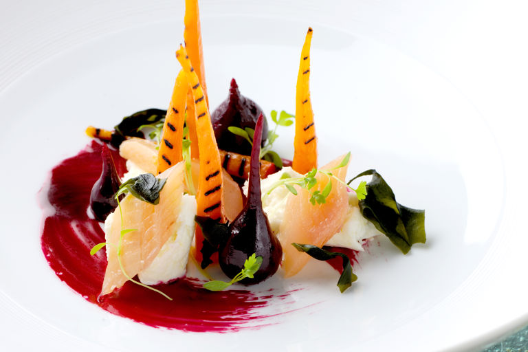 Carrots with smoked trout, mozzarella, wakame seaweed and beetroot emulsion