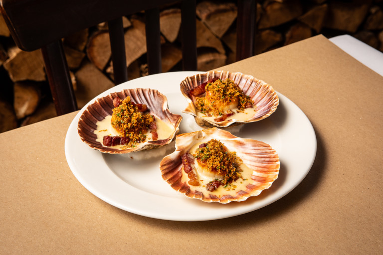 Roast scallops, bacon and malt vinegar