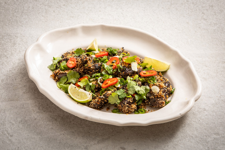 Miso-glazed baby aubergines with sesame crunch