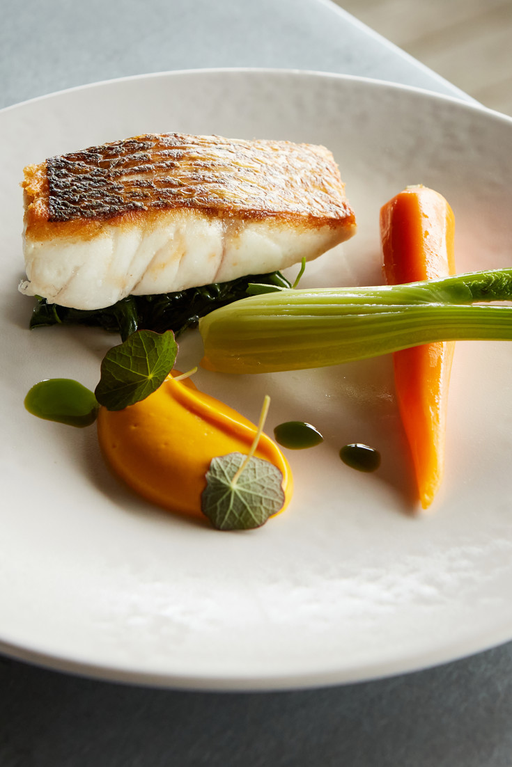 Seared Sea Bass, Langoustine Oil, Carrot Purée and Braised Fennel