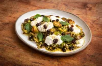 Freekeh with roasted sprouts, ricotta and cranberry-orange dressing