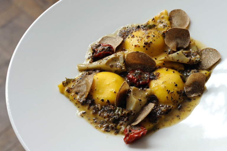 Ravioli, polenta, artichoke and truffle
