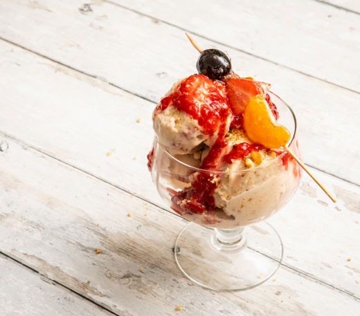 Strawberry shortcake gelato with táng húlu and raspberry jam drizzle