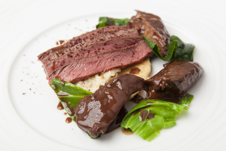 Loin of hare creamed celeriac tart, haunch braised in chocolate beer