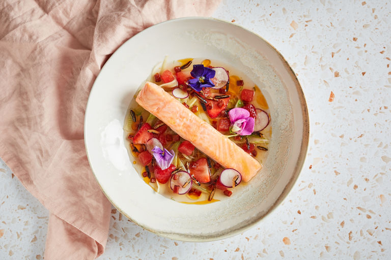 Confit salmon with chorizo, strawberries, watermelon and fennel