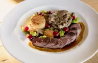Fillet and flaked leg of hare with cranberries and sprout leaves