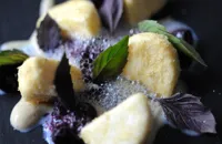 Goat's curd parfait, blueberries and purple basil