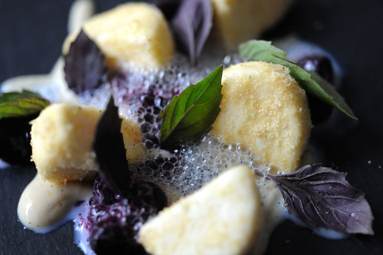 Goat's curd parfait, blueberries and purple basil