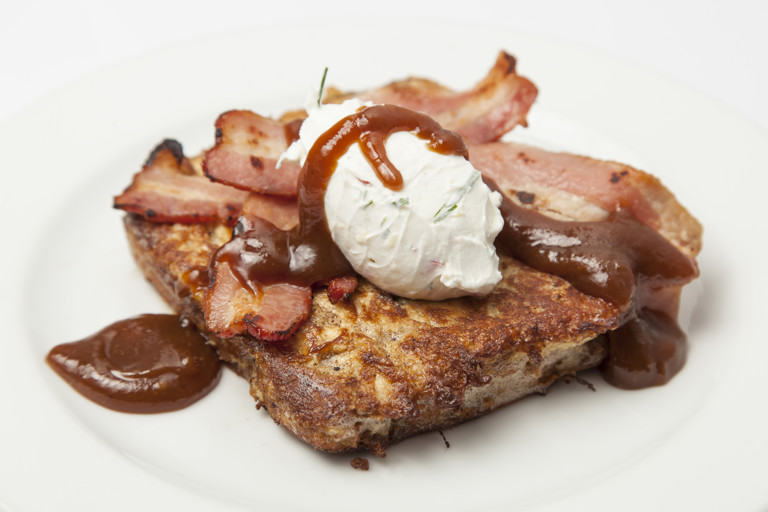 Spiced banana French toast, smoked bacon, chilli labne, tamarind caramel
