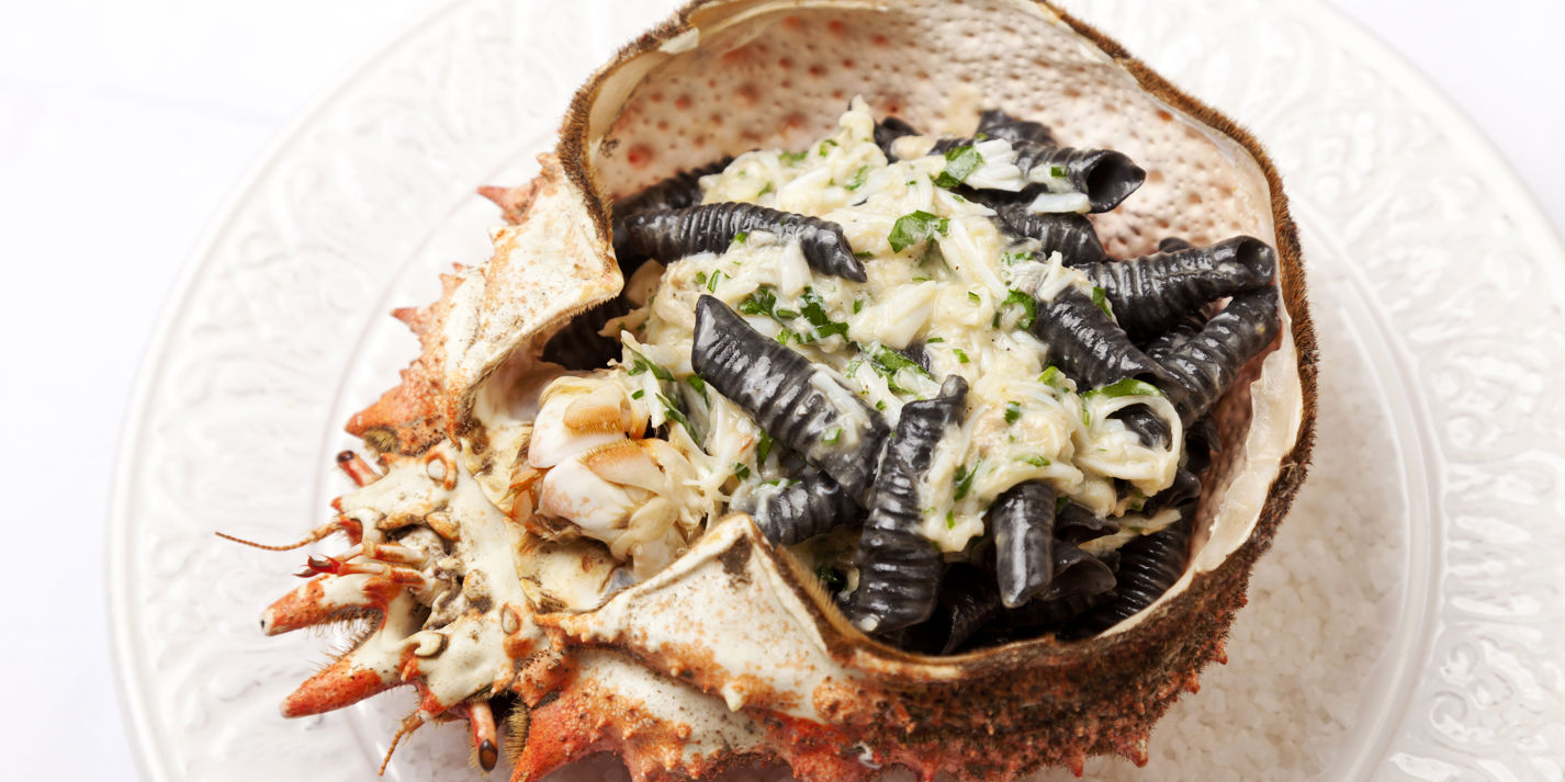 Alaska king crab with squid ink garganelle