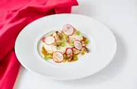 Poached hake with honey and soy vinaigrette and quick-pickled mushrooms