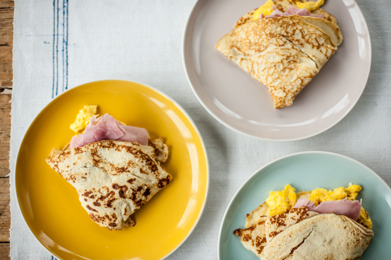 Ham and eggs with potato pancakes