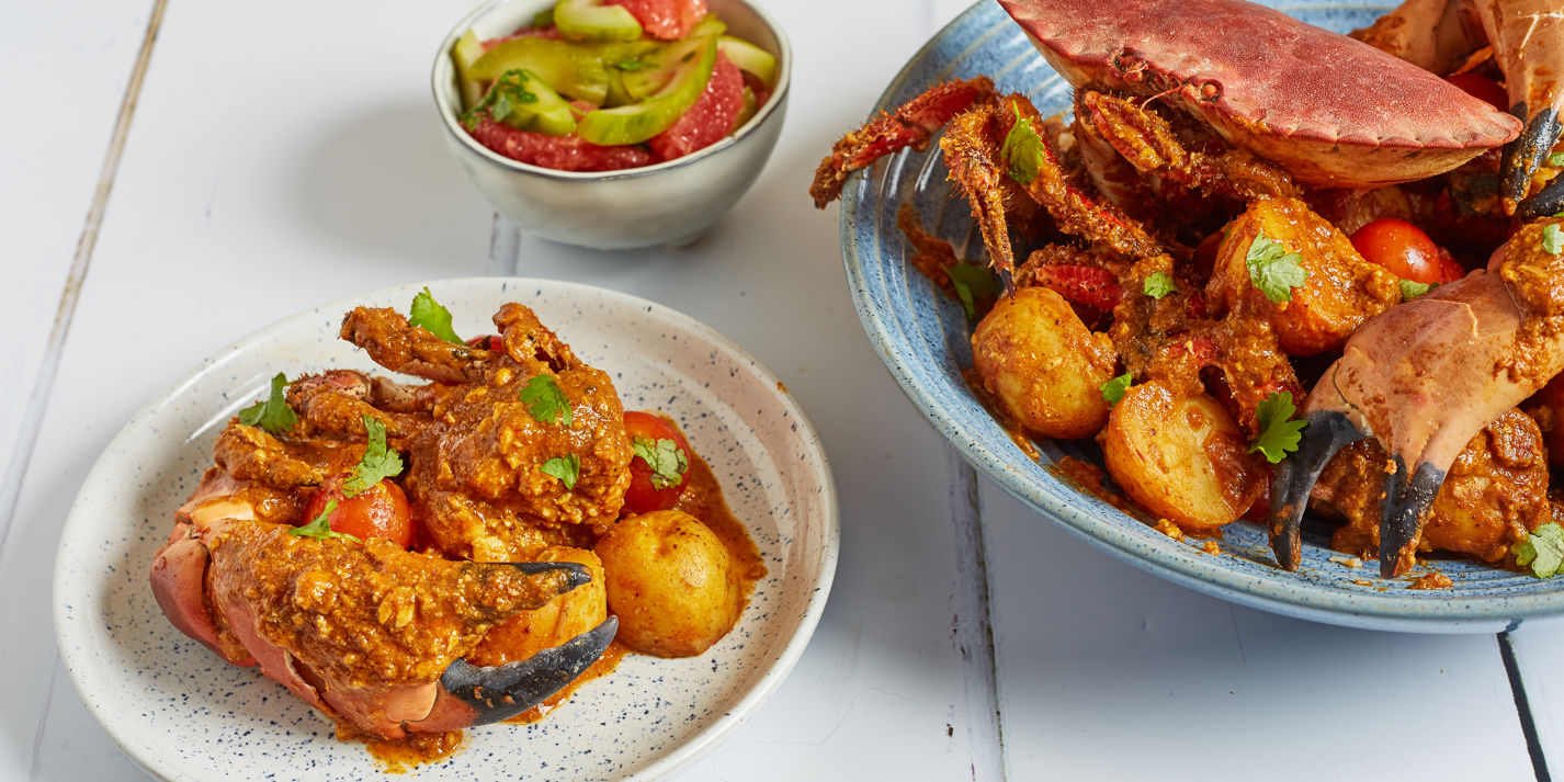 Goan crab with pickles cucumber and grapefruit salad recipe - Great British Chefs