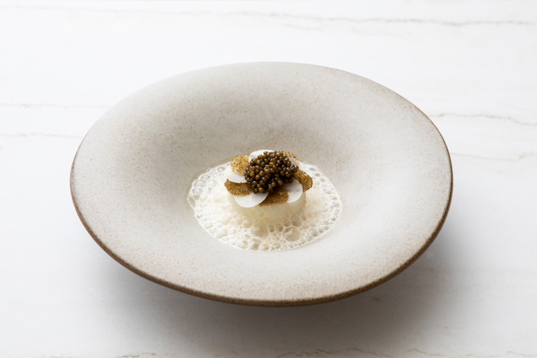 Wild halibut, Jerusalem artichoke, N25 caviar