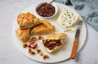 Saint Agur scone with fig relish and honey walnuts