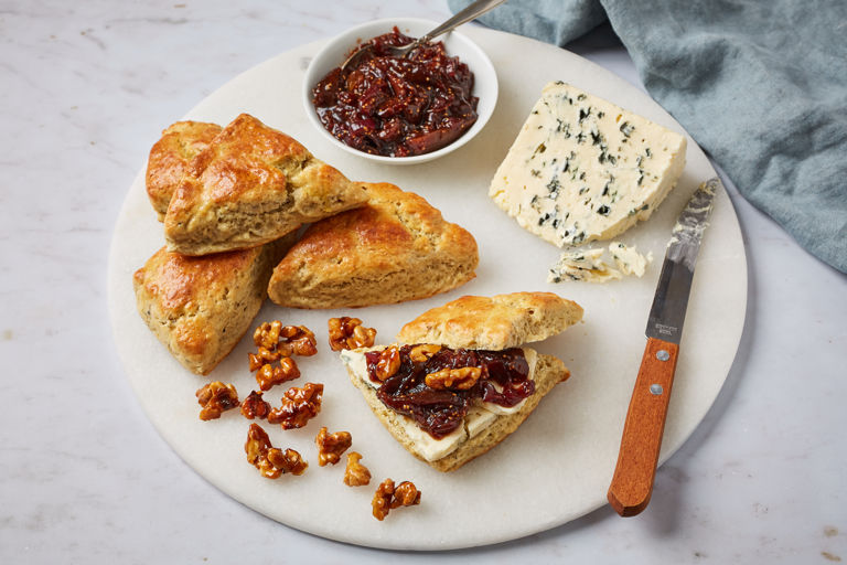 Saint Agur scone with fig relish and honey walnuts