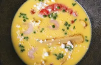 Corn soup, Cotechino and shrimp