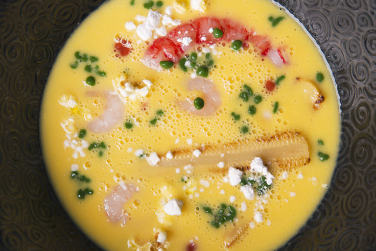 Corn soup, Cotechino and shrimp