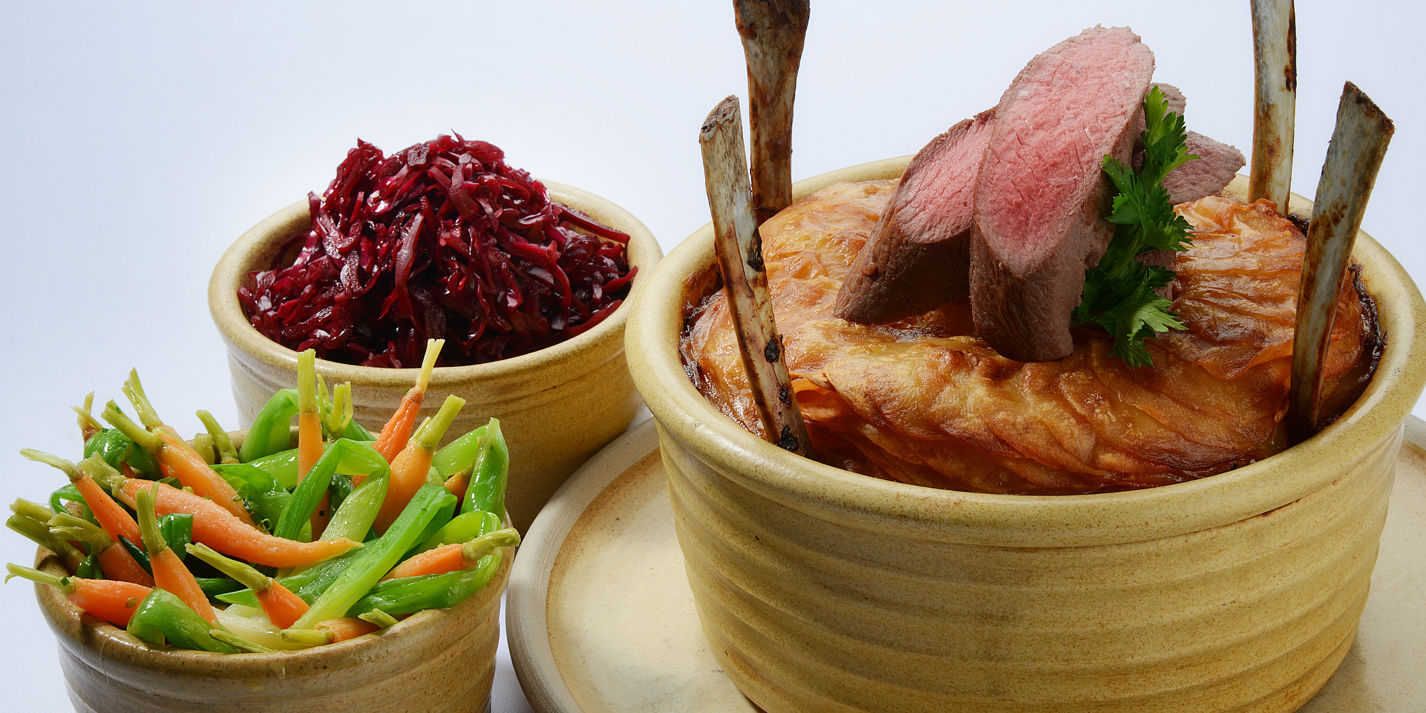 Lonk lamb Lancashire hotpot, roast loin, pickled red cabbage, tangled carrots and leeks