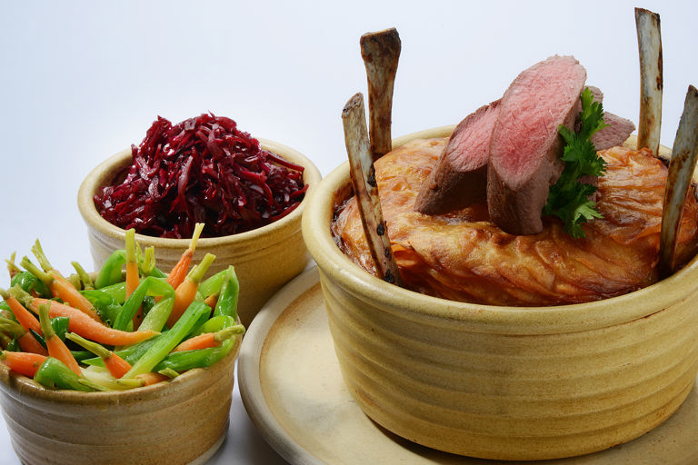 Lonk lamb Lancashire hotpot, roast loin, pickled red cabbage, tangled carrots and leeks