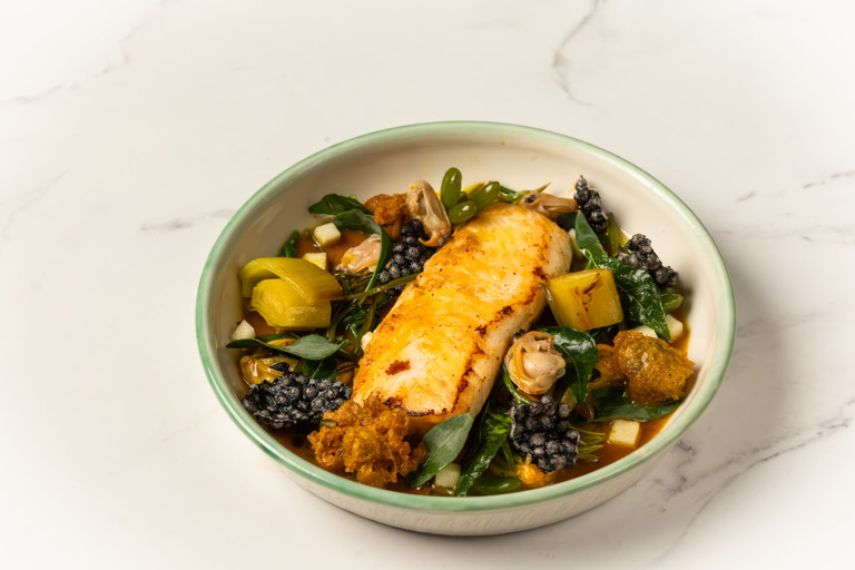 King Tilapia with mussels, apple and yellow curry mouclade sauce