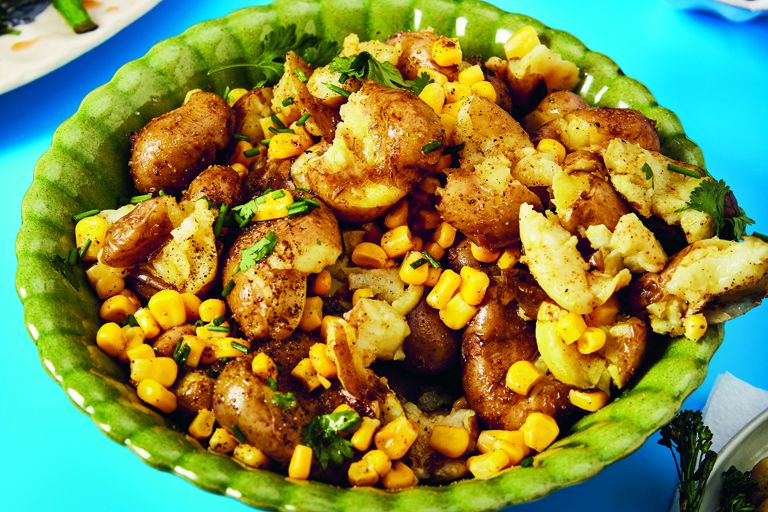 Curried brown butter potato salad with quick pickled corn