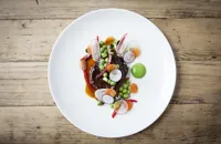 Smoked ox tongue, peas, pickled vegetables