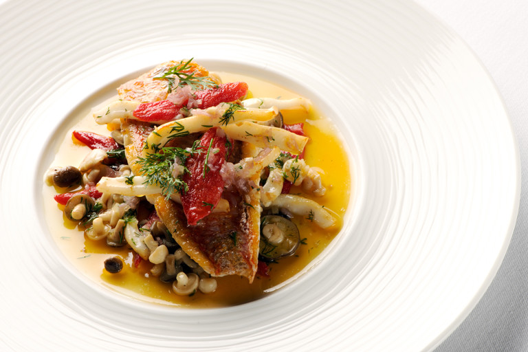 Red mullet and squid with oven-dried tomatoes, wild fennel and pickled mushrooms
