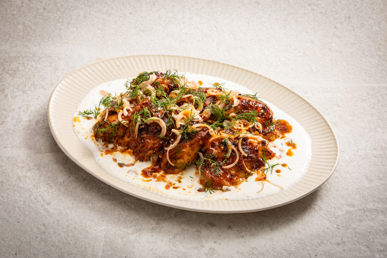 Crispy chicken thighs with hot honey mustard
