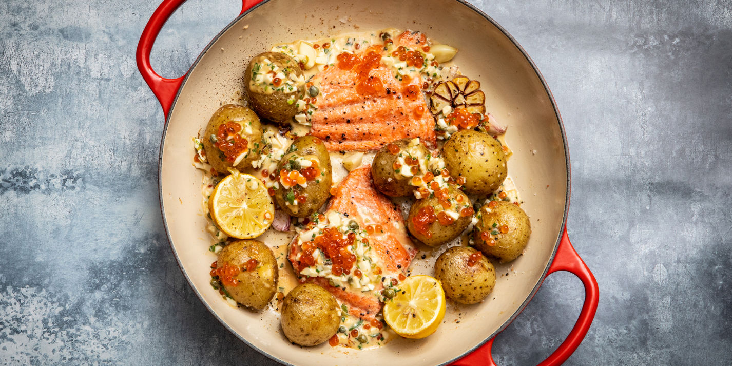Roasted Salmon and New Potatoes With Salmon Caviar Sauce Gribiche Recipe Great British Chefs