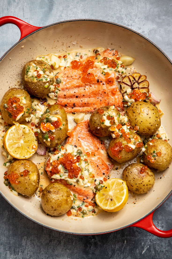 Roasted Salmon and New Potatoes With Salmon Caviar Sauce Gribiche Recipe Great British Chefs