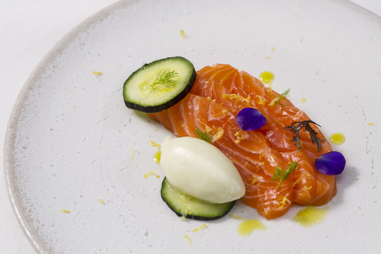 Cucumber and yoghurt sorbet with salmon, charred cucumber and dill oil
