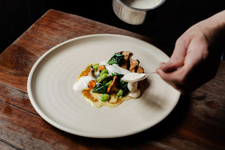 Summer mushrooms, broad beans, egg yolk and fenugreek