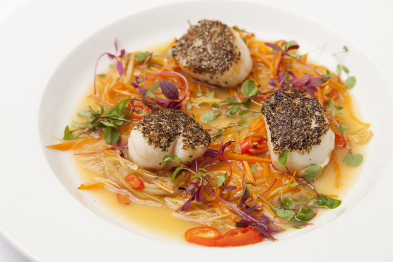 Scallops with seaweed and miso kombu broth