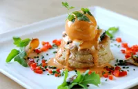 Wild mushroom, spinach and goat's cheese vol-au-vents with poached duck egg and pimento cream