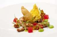Lamb sweetbreads with pea, watermelon, anchovy and saffron crisp
