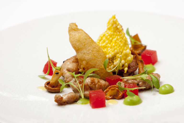 Lamb sweetbreads with pea, watermelon, anchovy and saffron crisp
