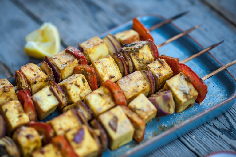 Paneer and red pepper skewers