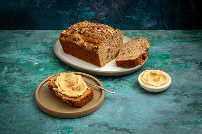 Buckwheat banana bread with whipped espresso butter