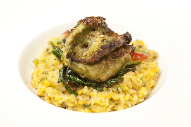 Green-spiced turkey breast with moong kedgeree