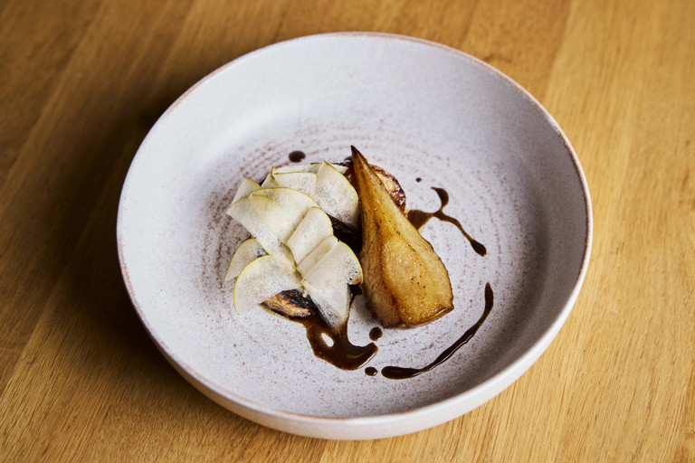 Baked celeriac, pear and espresso sauce