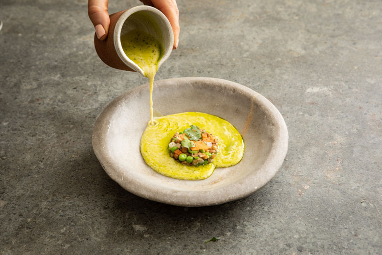 Celeriac and sage velouté with vegetable macédoine and parsley oil 