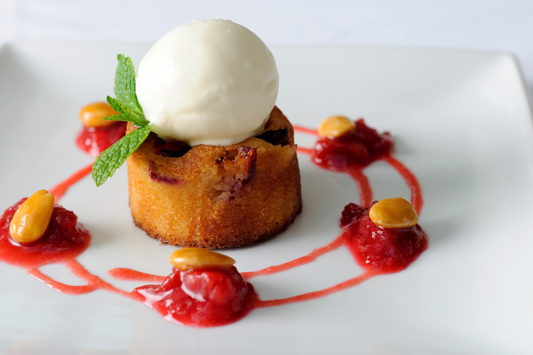 Warm plum clafoutis with crème fraiche sorbet