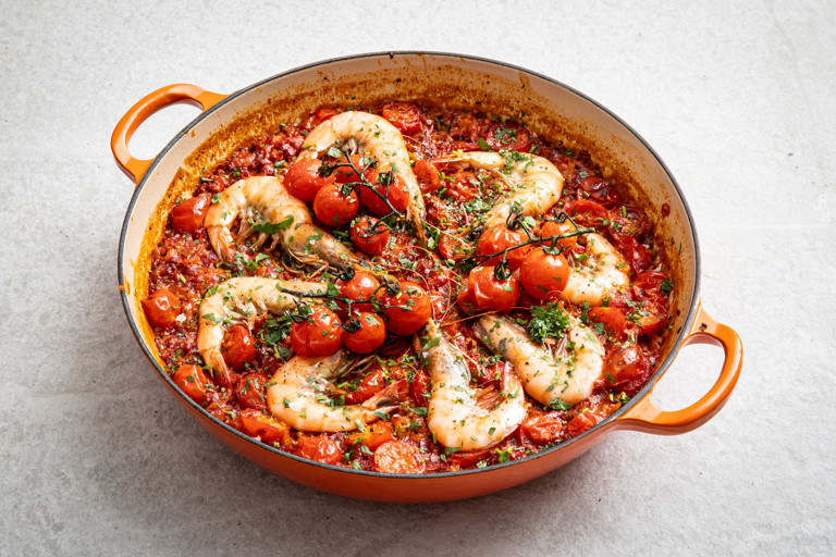 Baked Piccolo tomato rice with prawns and 'nduja