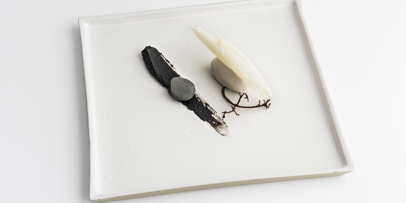 Birch ice cream with black bean pesto, spiced cream and milk skin-image
