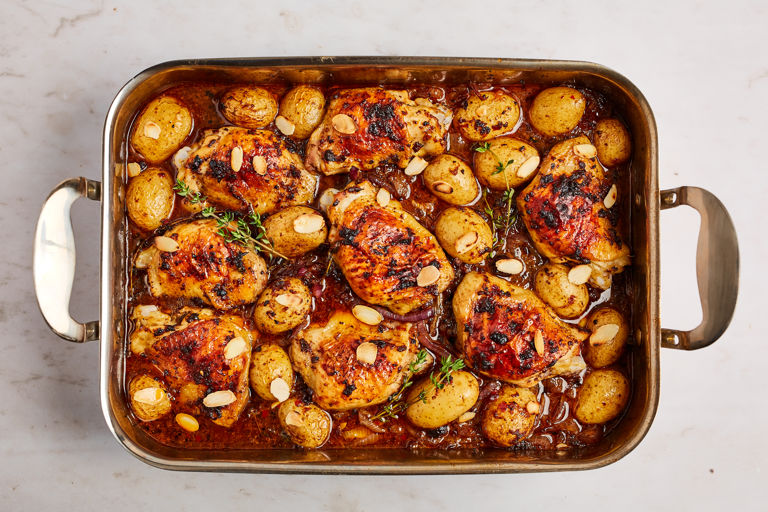 Black olive tapenade, orange and chicken tray bake