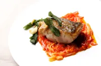 Pan-fried hake with red pepper relish