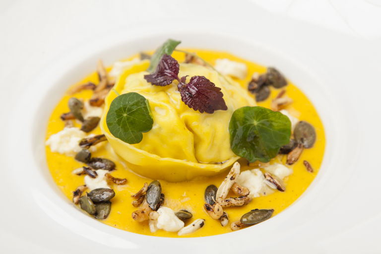Colwick cheese tortellini with pumpkin velouté