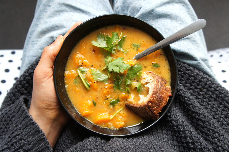 Chunky butternut squash miso soup with miso and black pepper butter