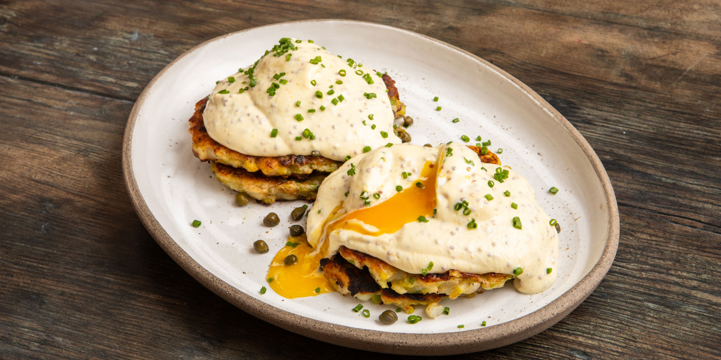 Leek and Potato Cakes with Poached Eggs and Mustard Sauce Recipe